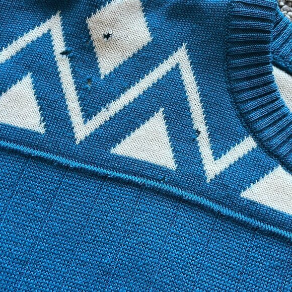 Demetre Blue White 100% Wool Sweater Mens XL 90s Geometric Retro Winter Pullover - Picture 8 of 8